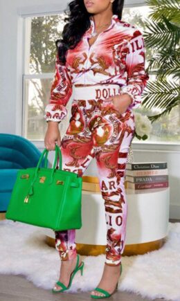 Fashion Casual Print Basic Zipper Collar Long Sleeve Two Pieces