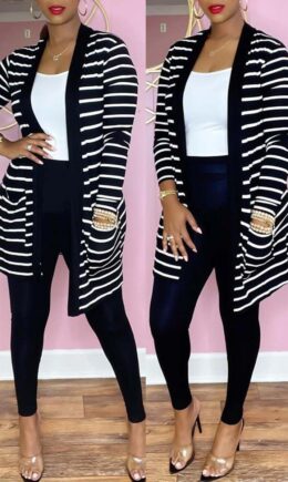 Fashion Casual Striped Print Cardigan Pants Long Sleeve Two Pieces