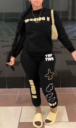 Fashion Casual Letter Print O Neck Long Sleeve Two Pieces