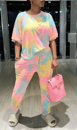 Casual Patchwork Tie-dye O Neck Long Sleeve Two Pieces