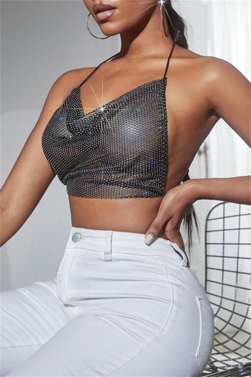 Fashion Sexy Patchwork Bandage Backless Halter Tops