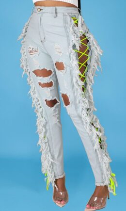 Color Sexy Solid Tassel Ripped Bandage Make Old Straight Denim Jeans
