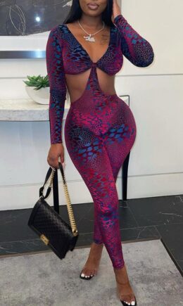 Fashion Sexy Print Hollowed Out V Neck Skinny Jumpsuits