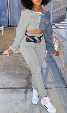 Fashion Casual Patchwork Bandage O Neck Long Sleeve Two Pieces