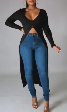 Casual Solid Split Joint Buttons Asymmetrical V Neck Outerwear