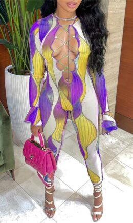Sexy Casual Print Bandage Hollowed Out O Neck Jumpsuits