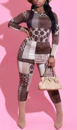 Casual Print Split Joint O Neck Long Sleeve Two Pieces