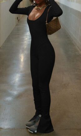 Sexy Casual Solid Backless Slit U Neck Skinny Jumpsuits