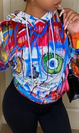 Fashion Casual Print Basic Hooded Collar Tops