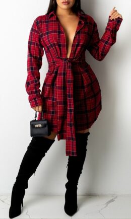 Fashion Casual Print Bandage Turndown Collar Shirt Dress