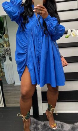 Casual Solid Split Joint Buckle Turndown Collar A Line Dresses
