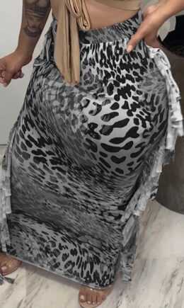 Fashion Casual Print Leopard Tassel Regular High Waist Skirt