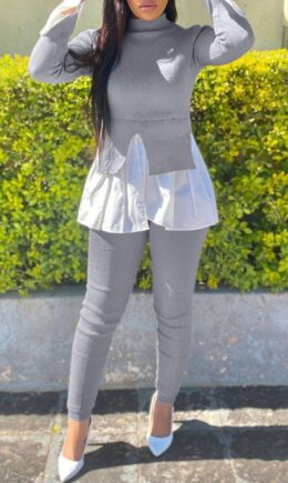 Fashion Casual Patchwork Asymmetrical Half A Turtleneck Long Sleeve Two Pieces