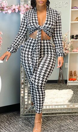 Fashion Casual Print Bandage V Neck Long Sleeve Two Pieces