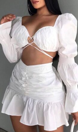 Sexy Casual Solid Split Joint V Neck Long Sleeve Two Pieces