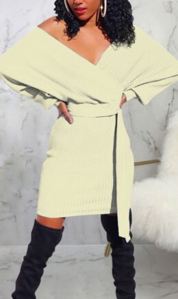 Casual Solid Bandage Split Joint V Neck One Step Skirt Dresses