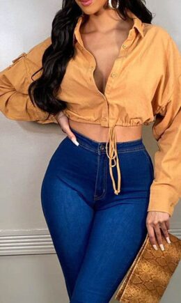Casual Solid Split Joint Buckle Turndown Collar Tops