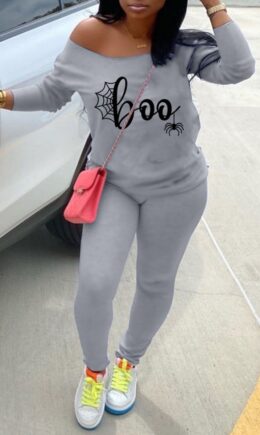 Casual Print Split Joint Off the Shoulder Long Sleeve Two Pieces