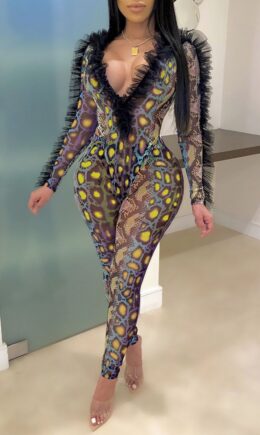 Sexy Print Split Joint See-through Fold Mesh V Neck Long Sleeve Two Pieces