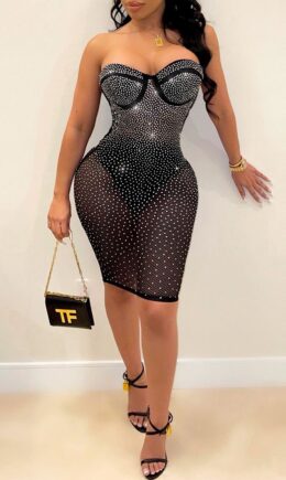 Sexy Hot Drilling Bandage See-through Backless Spaghetti Strap Sleeveless Dress