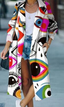 Fashion Casual Print Cardigan Turndown Collar Outerwear