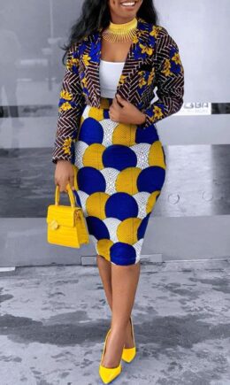 Fashion Casual Print Cardigan Turndown Collar Long Sleeve Two Pieces
