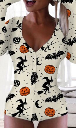 Cream Punk Print Split Joint V Neck Skinny Jumpsuits