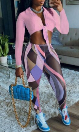 Fashion Sexy Print Bandage V Neck Long Sleeve Two Pieces