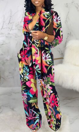 Casual Print Split Joint V Neck Straight Jumpsuits