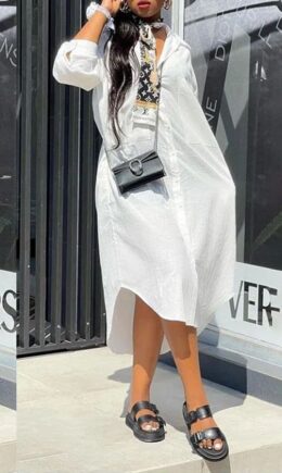 Casual Solid Split Joint Buckle Turndown Collar Shirt Dress Dresses