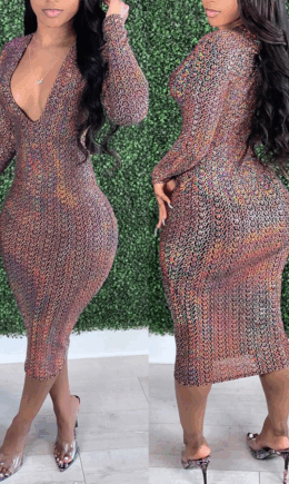 multicolor Street Print V Neck Long Sleeve Mid Calf Long Sleeve Dress Dresses