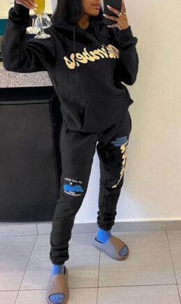 Casual Letter Print Split Joint Hooded Collar Long Sleeve Two Pieces