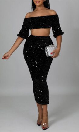 Fashion Sexy Solid Sequins Split Joint Off the Shoulder Long Sleeve Two Pieces