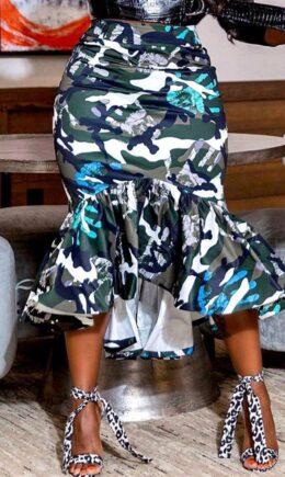 Camouflage Fashion Casual Print Flounce Regular High Waist Skirt