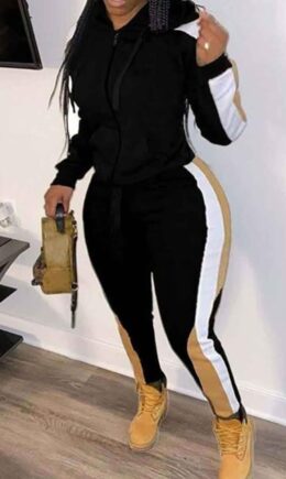 Casual Patchwork Zipper Hooded Collar Long Sleeve Two Pieces