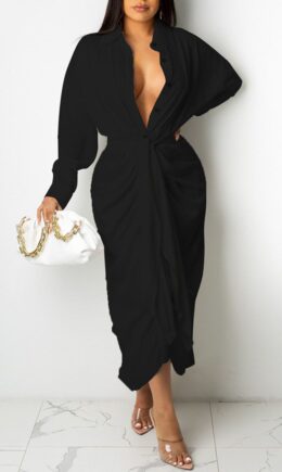 Casual Solid Split Joint Buckle Fold With Belt Turndown Collar Dresses
