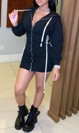 Casual Solid Bandage Split Joint Fold Zipper Hooded Collar One Step Skirt Dresses