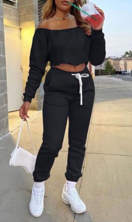 Casual Solid Split Joint Off the Shoulder Long Sleeve Two Pieces