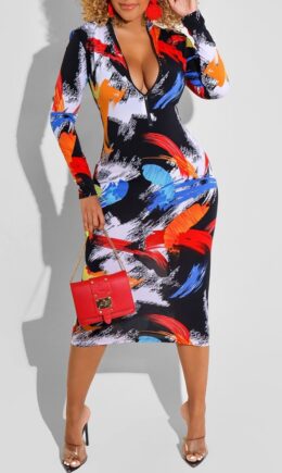 Multi-color Fashion Casual Print Basic Zipper Collar Long Sleeve Dresses