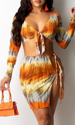 Fashion Sexy Print Bandage Hollowed Out V Neck Long Sleeve Two Pieces