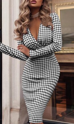 Fashion Casual Print Basic V Neck Long Sleeve Dresses