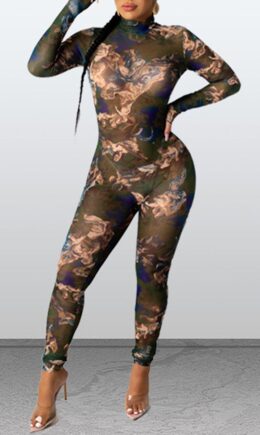 Fashion Sexy Print See-through Turtleneck Regular Jumpsuits