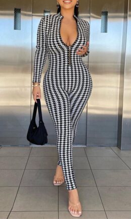 Fashion Casual Print Basic Zipper Collar Skinny Jumpsuits