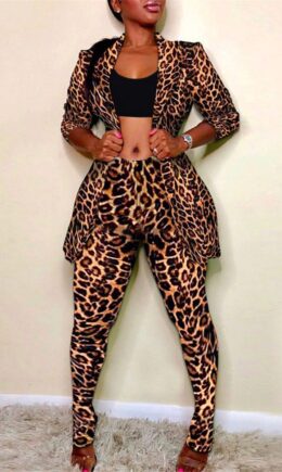 Leopard Print Fashion Casual Print Cardigan Pants Turndown Collar Long Sleeve Two Pieces
