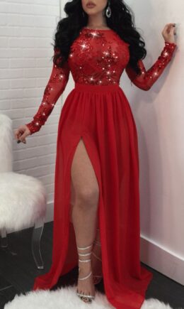 Sexy Patchwork Sequins See-through Slit O Neck Long Sleeve Dresses
