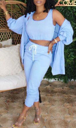 Fashion Casual Solid Cardigan Vests Pants U Neck Long Sleeve Three-piece Set