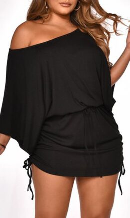 Fashion Casual Solid Draw String Oblique Collar Long Sleeve Dresses