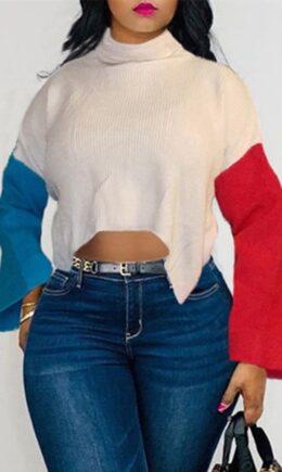 Fashion Casual Patchwork Asymmetrical Turtleneck Tops