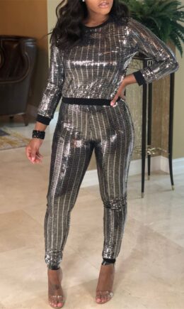 Fashion Casual Patchwork Sequins O Neck Long Sleeve Two Pieces