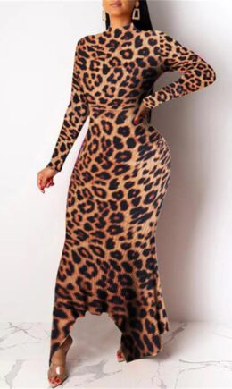 Leopard Print Fashion Casual Print Asymmetrical Turtleneck Long Sleeve Dresses